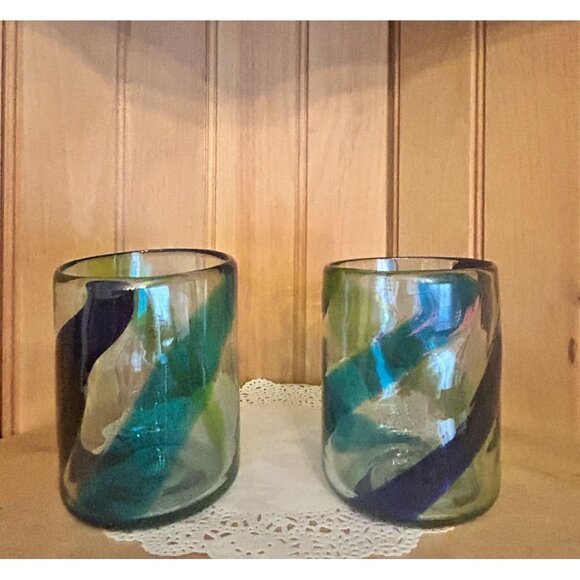 Hand Blown Multicolored Swirl Design Glass Tumblers Cocktails Tequila Blue Green - Picture 1 of 7